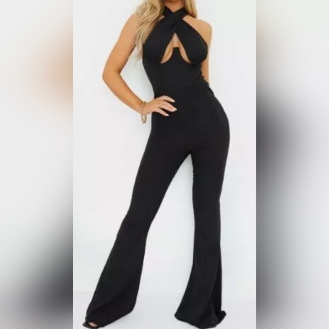 Nwt Pretty Little Things Black Cross Bust Underwired Flare Jumpsuit Size 2